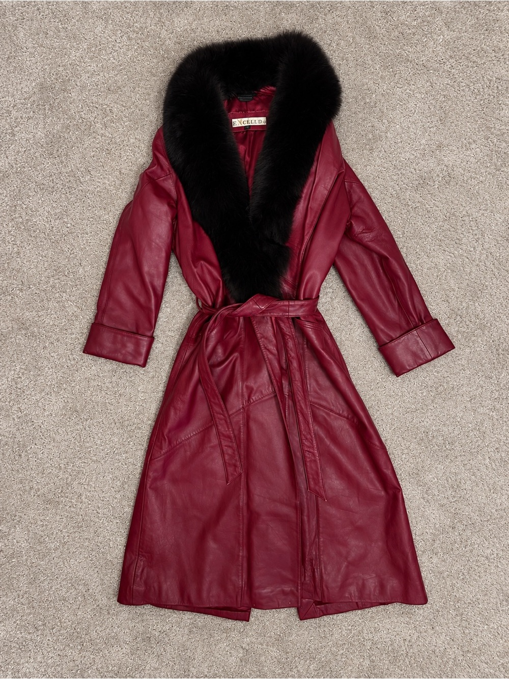Vintage Leather Full-Length Trench Coat - Oxblood - Women’s Small - Faux Fur